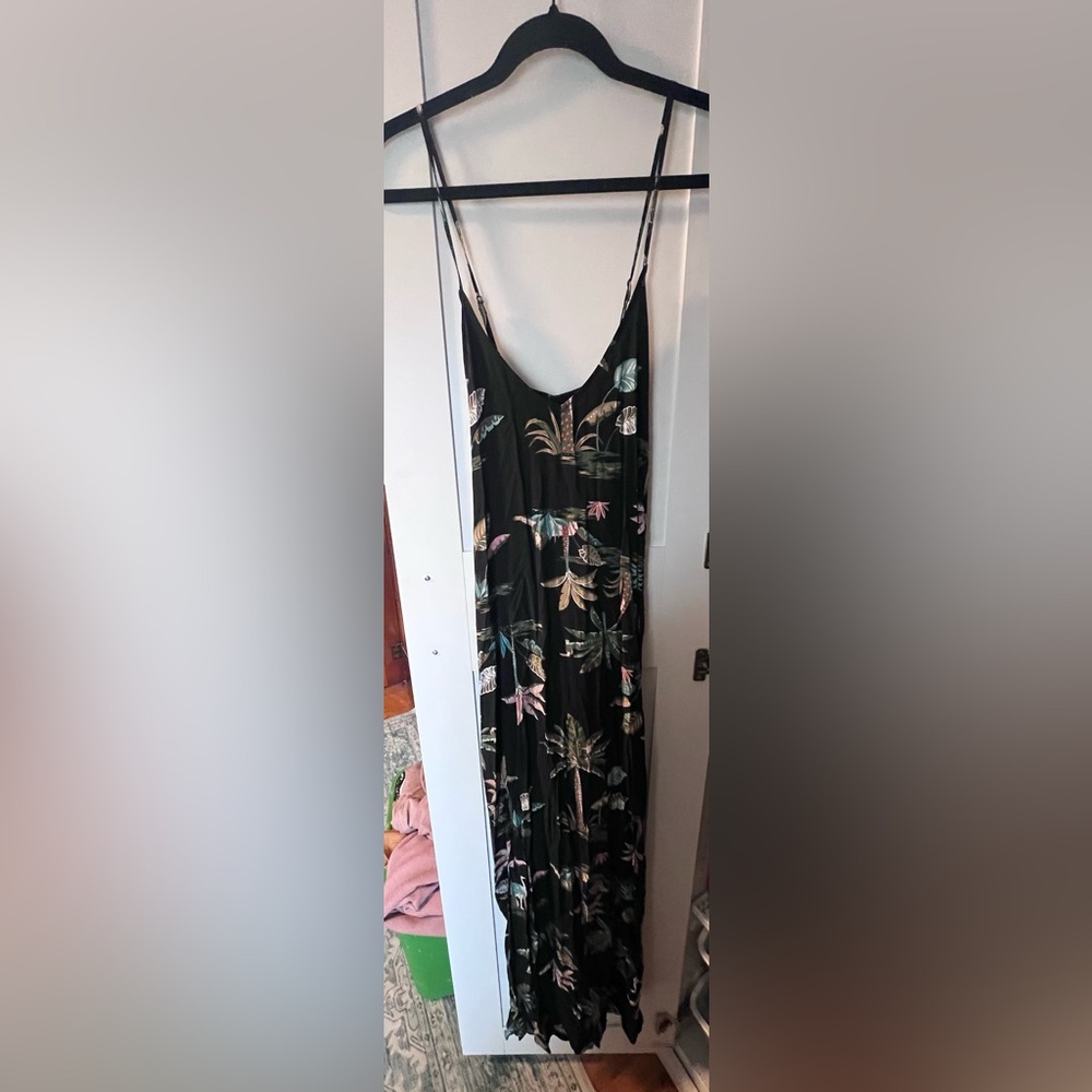 Old Navy Black Maxi Dress with Green and Pink Leaf Print